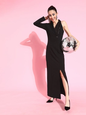 Crease Ease Women's Black Solid Asymmetric Sequined Blazer Maxi Dress Earth-Tone