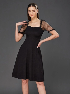 Sculpted Form sophisticated appearance Crease Ease Women's Black Solid V-Neck Half Sleeve Relaxed Fit Knee-Long Dress