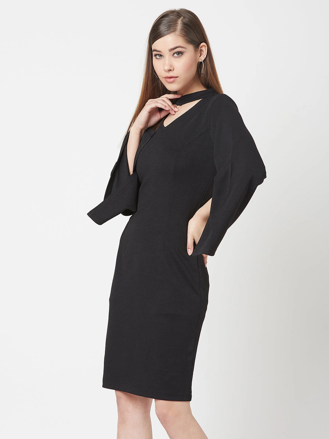 Crease Ease Women's Black V-Neck Flared Sleeve Solid Bodycon Knee-Long Dress Cool Drape Neutral Feel
