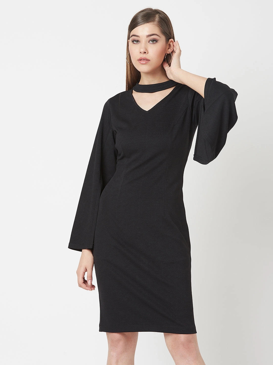 Ruffle Detail Crease Ease Women's Black V-Neck Flared Sleeve Solid Bodycon Knee-Long Dress