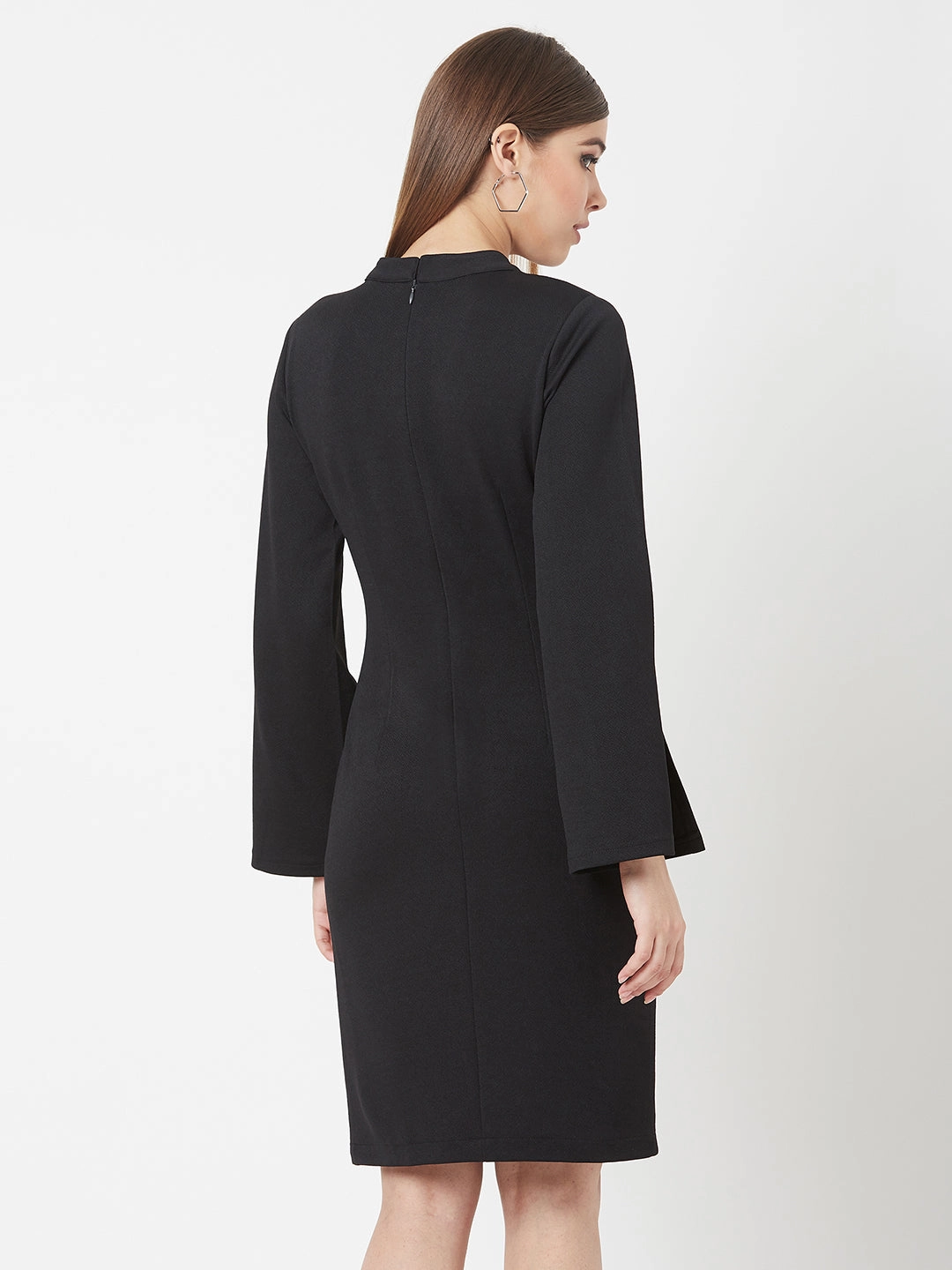 Trendy Design Crease Ease Women's Black V-Neck Flared Sleeve Solid Bodycon Knee-Long Dress