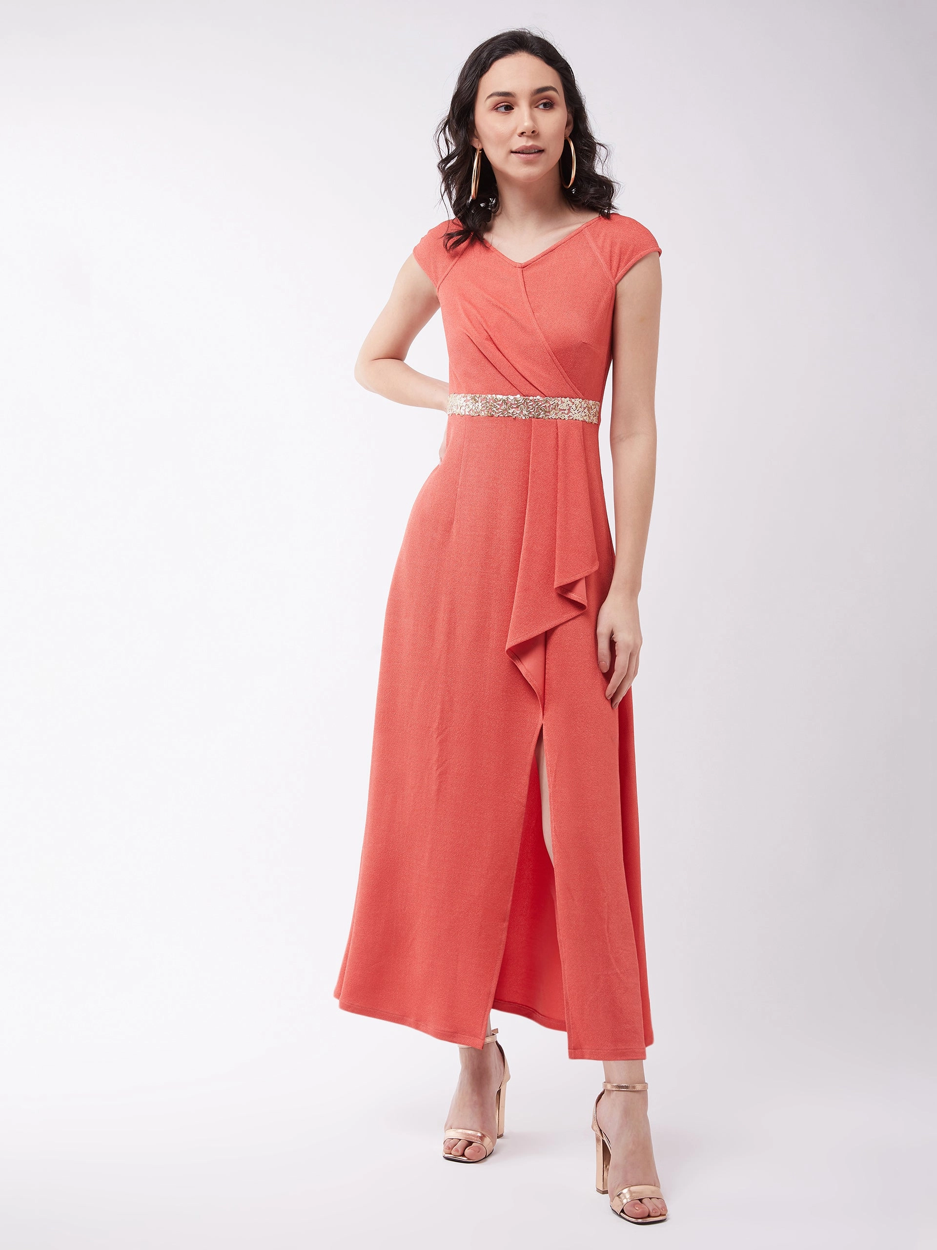 Crease Ease Women's Coral V-Neck Raglan Sleeve Solid Embellished Maxi Dress Charming Style Minimal Comfort