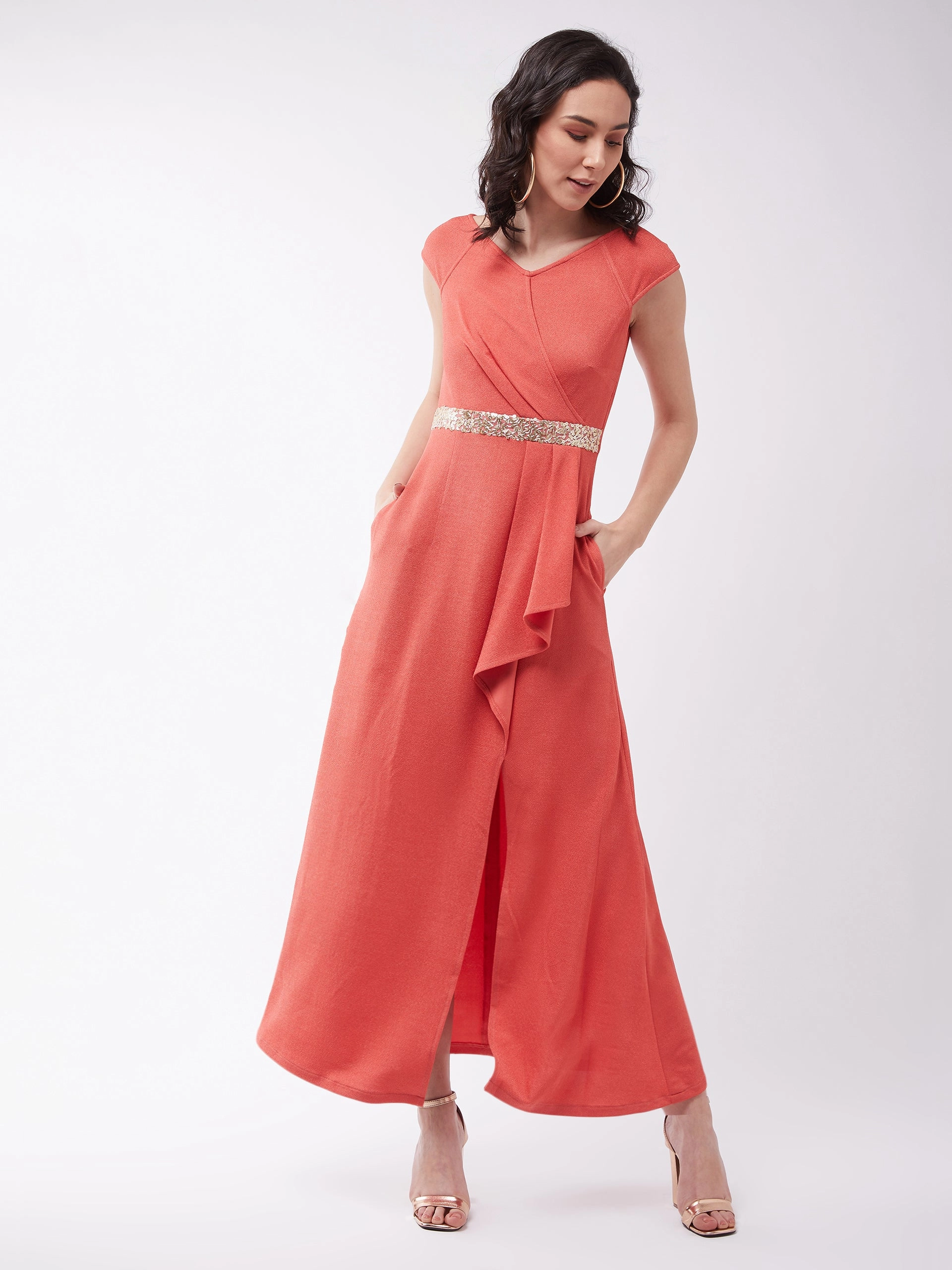 Crease Ease Women's Coral V-Neck Raglan Sleeve Solid Embellished Maxi Dress Comfort and Elegance