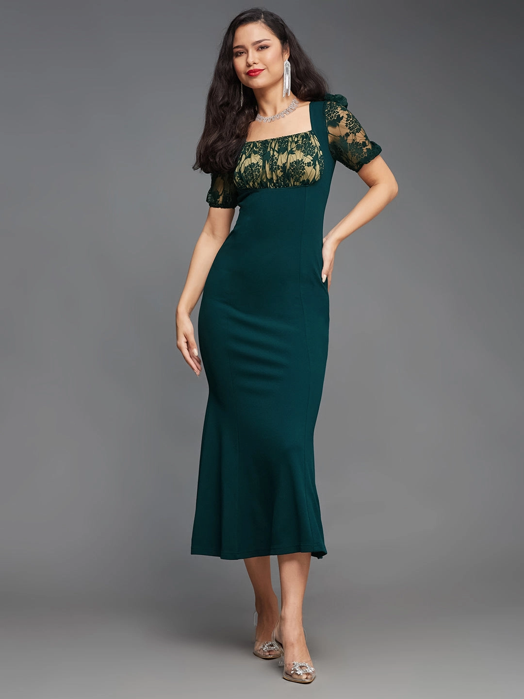 Crease Ease Women's Dark Green Square Puff Sleeve Solid Lace Overlaid Ankle Length Dress Side-Zip