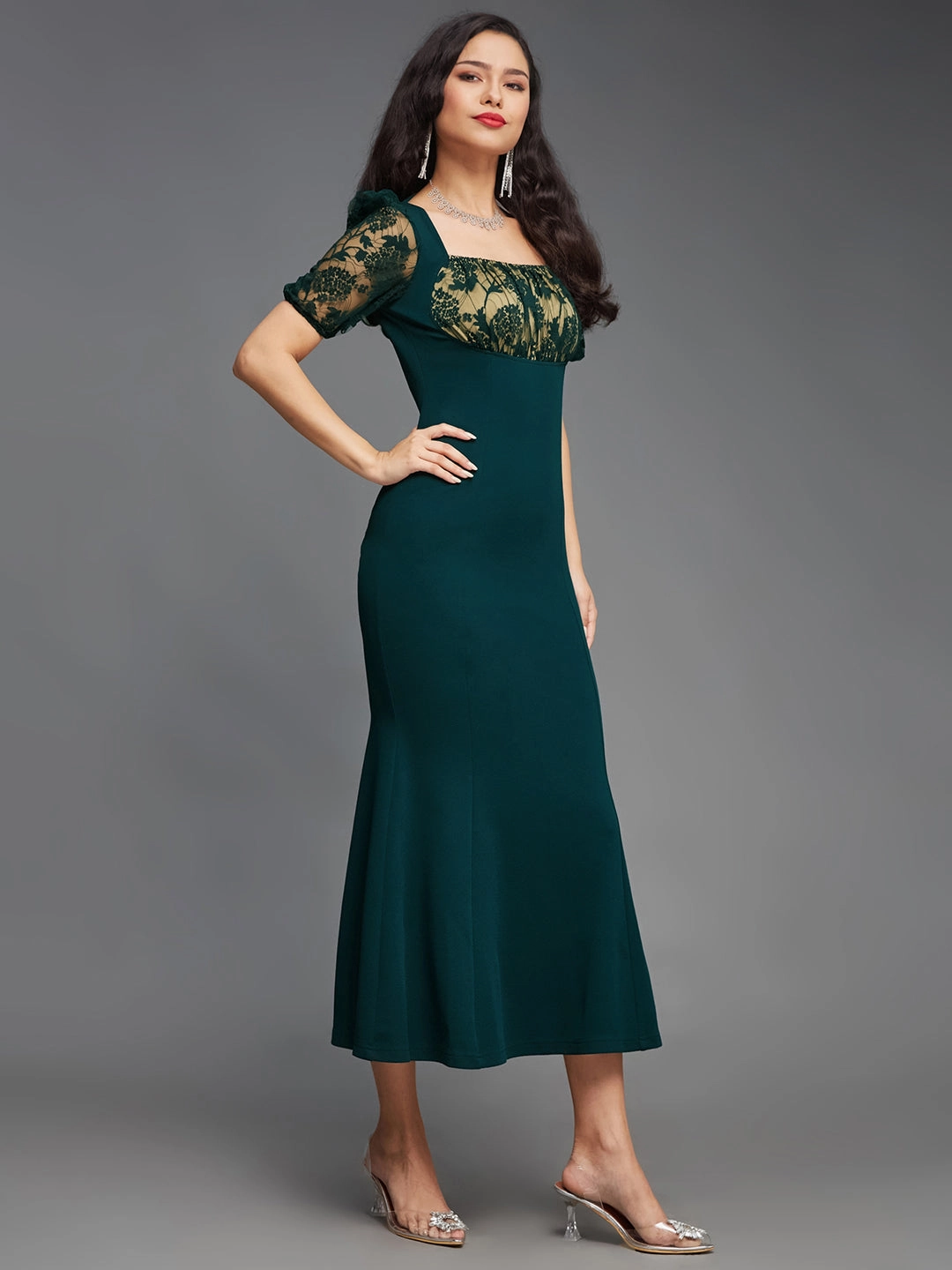 Crease Ease Women's Dark Green Square Puff Sleeve Solid Lace Overlaid Ankle Length Dress Clean Comfort All weather
