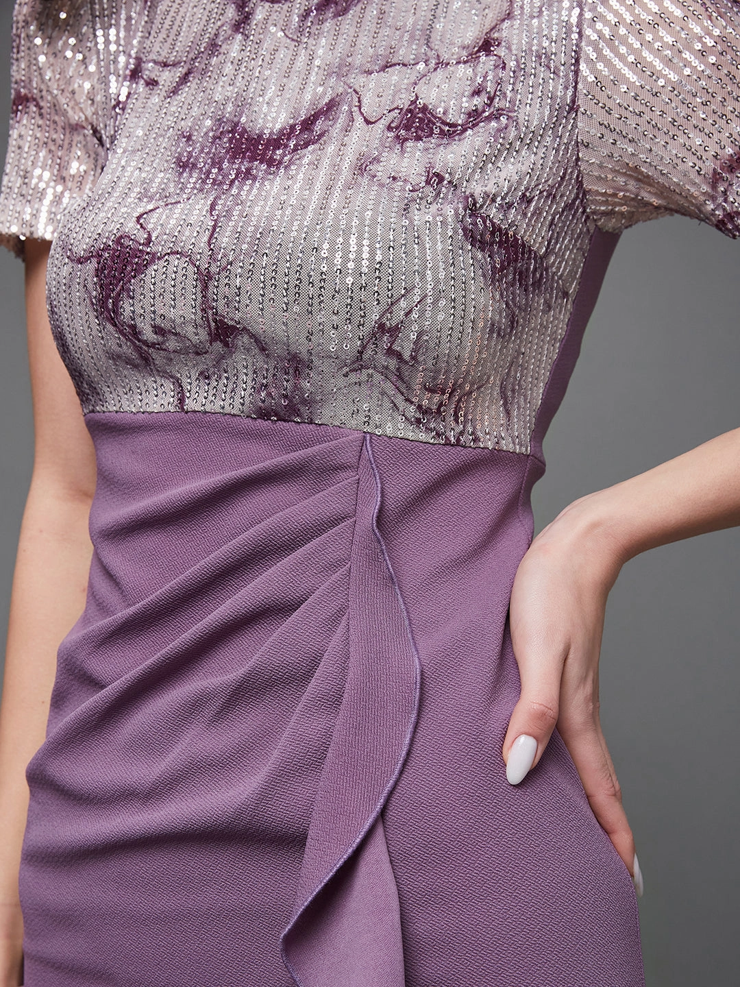 Clean Lines Crease Ease Women's Dark Lavender Abstract Ruffled Knee-Long Dress