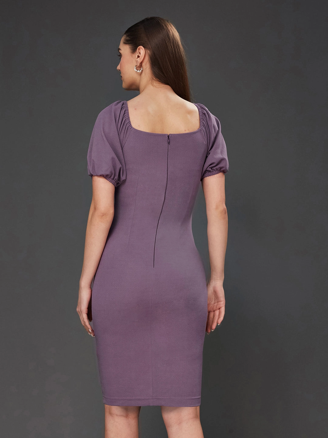 Crease Ease Women's Dark Lavender Solid Bodycon V-Neck Half Sleeve Slim Fit Knee-Long Dress Relax Motion