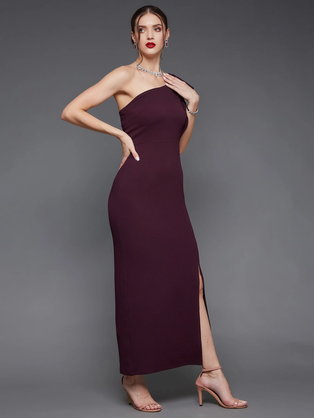 Crease Ease Women's Dark Purple Solid One Shoulder Sleeveless Ruffled Maxi Dress Pure Vibes
