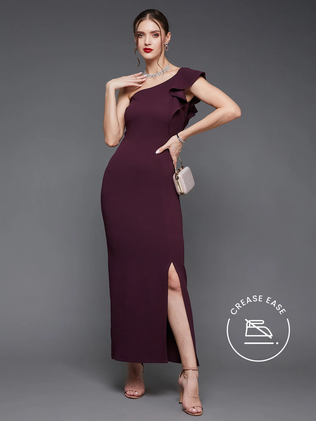 Crease Ease Women's Dark Purple Solid One Shoulder Sleeveless Ruffled Maxi Dress Cool Drape