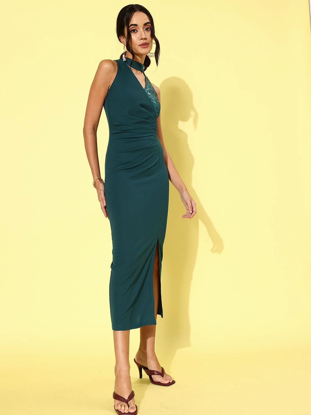 Crease Ease Women's Forest Green Choker Neck Sleeveless Embellished Midi Dress Anytime Wear