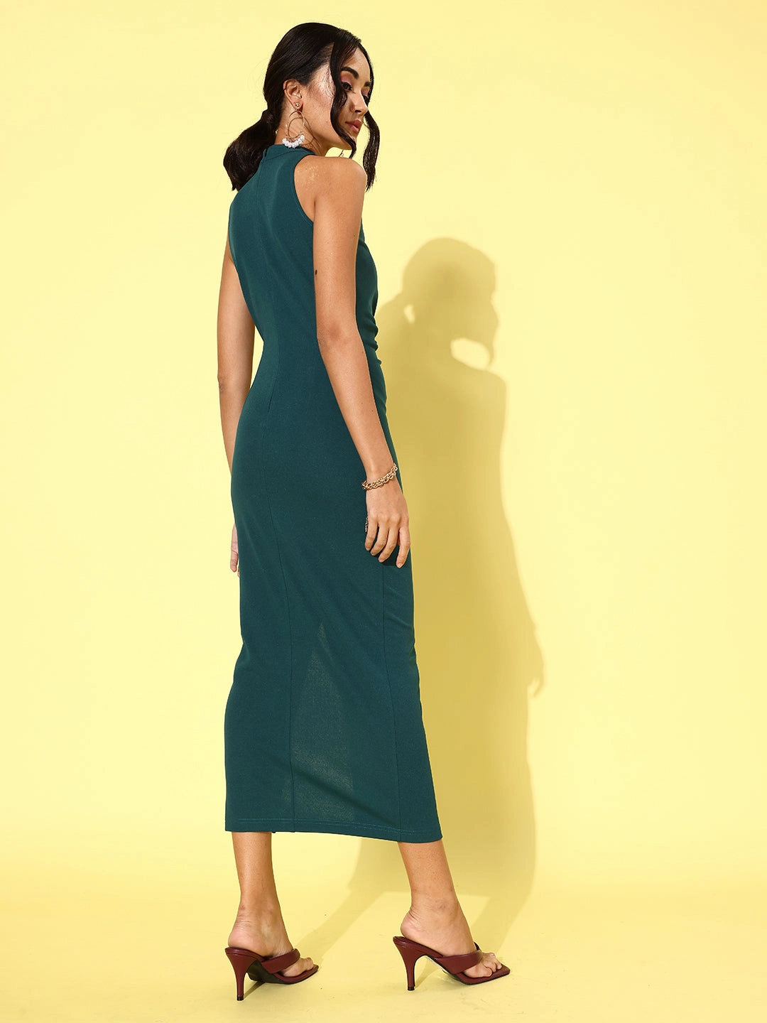 Daily Favorite Crease Ease Women's Forest Green Choker Neck Sleeveless Embellished Midi Dress