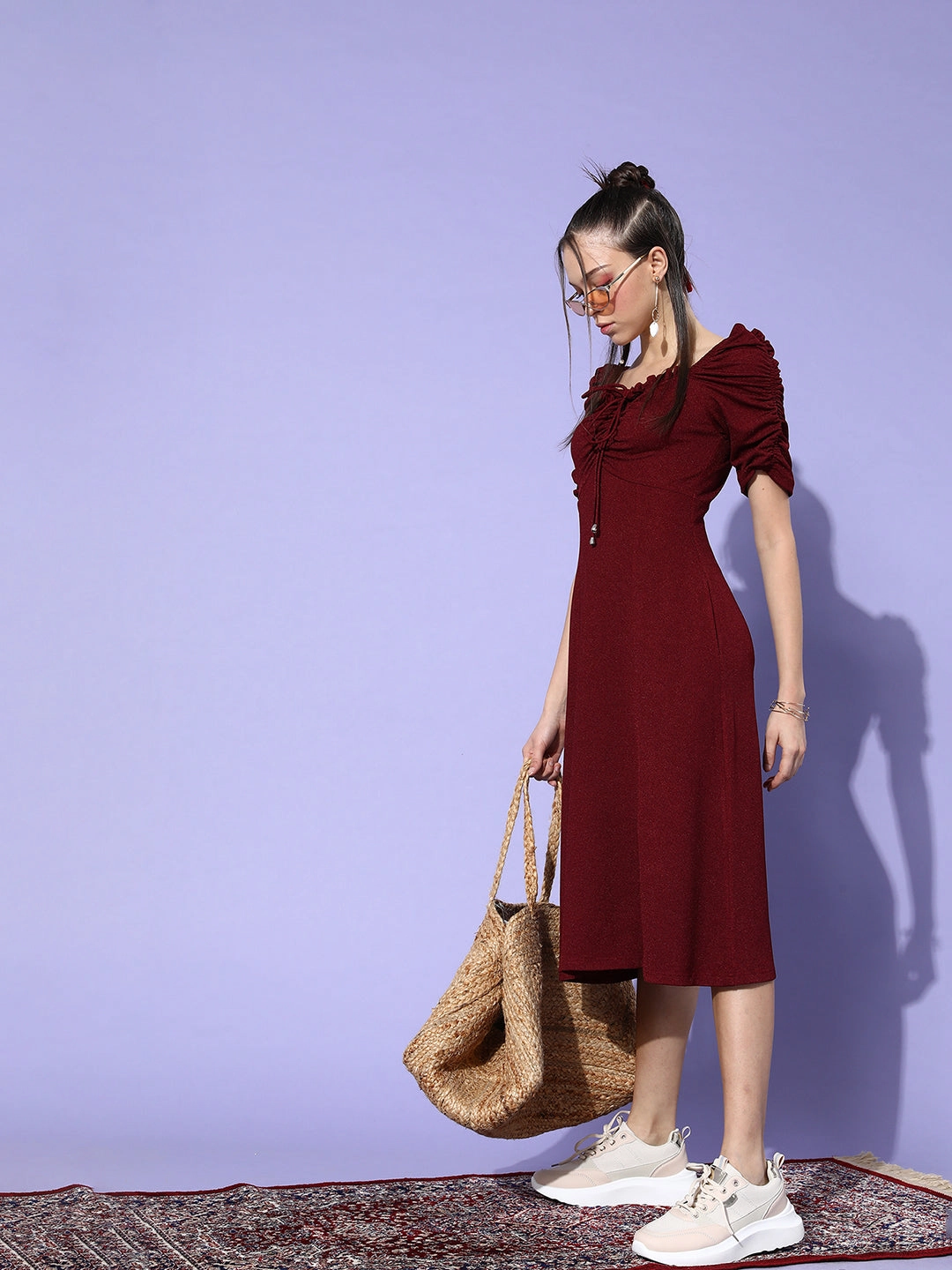 Red Carpet Crease Ease Women's Maroon Sweetheart Gathered Solid Ruching Midi Dress