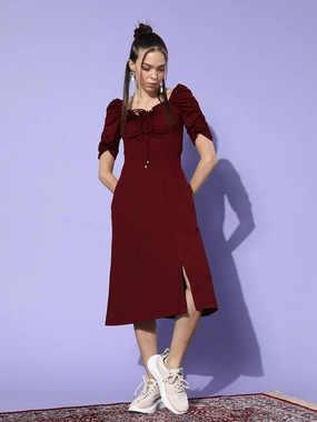 Crease Ease Women's Maroon Sweetheart Gathered Solid Ruching Midi Dress Soft Fashion