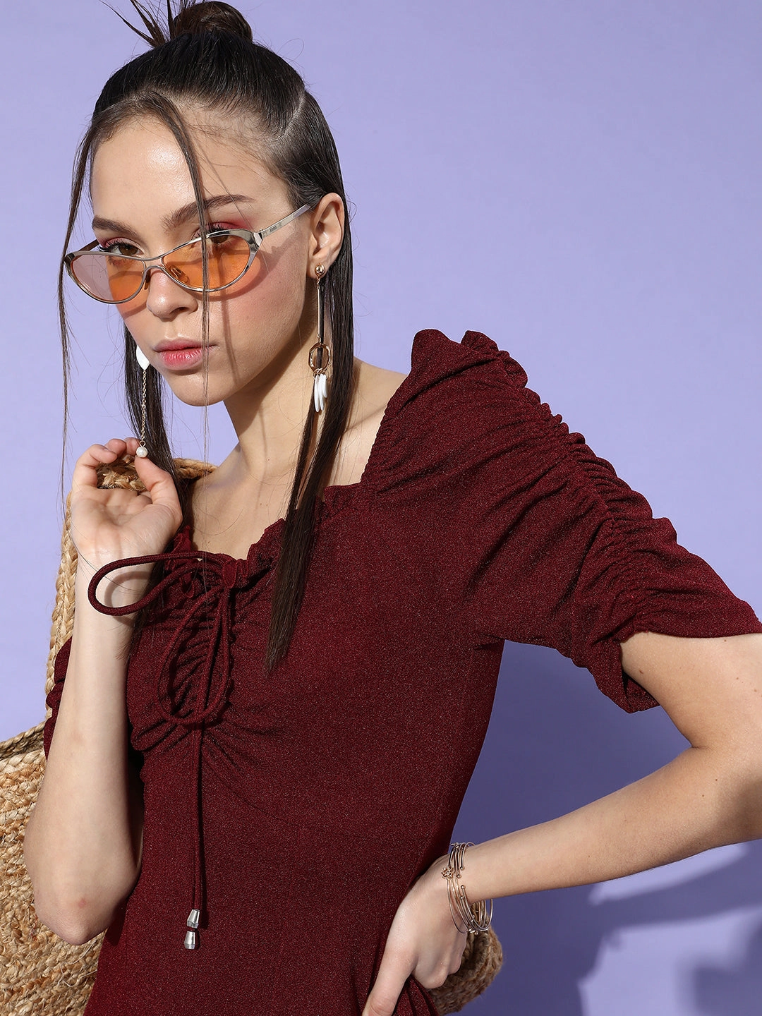 Sculpted Detail Crease Ease Women's Maroon Sweetheart Gathered Solid Ruching Midi Dress