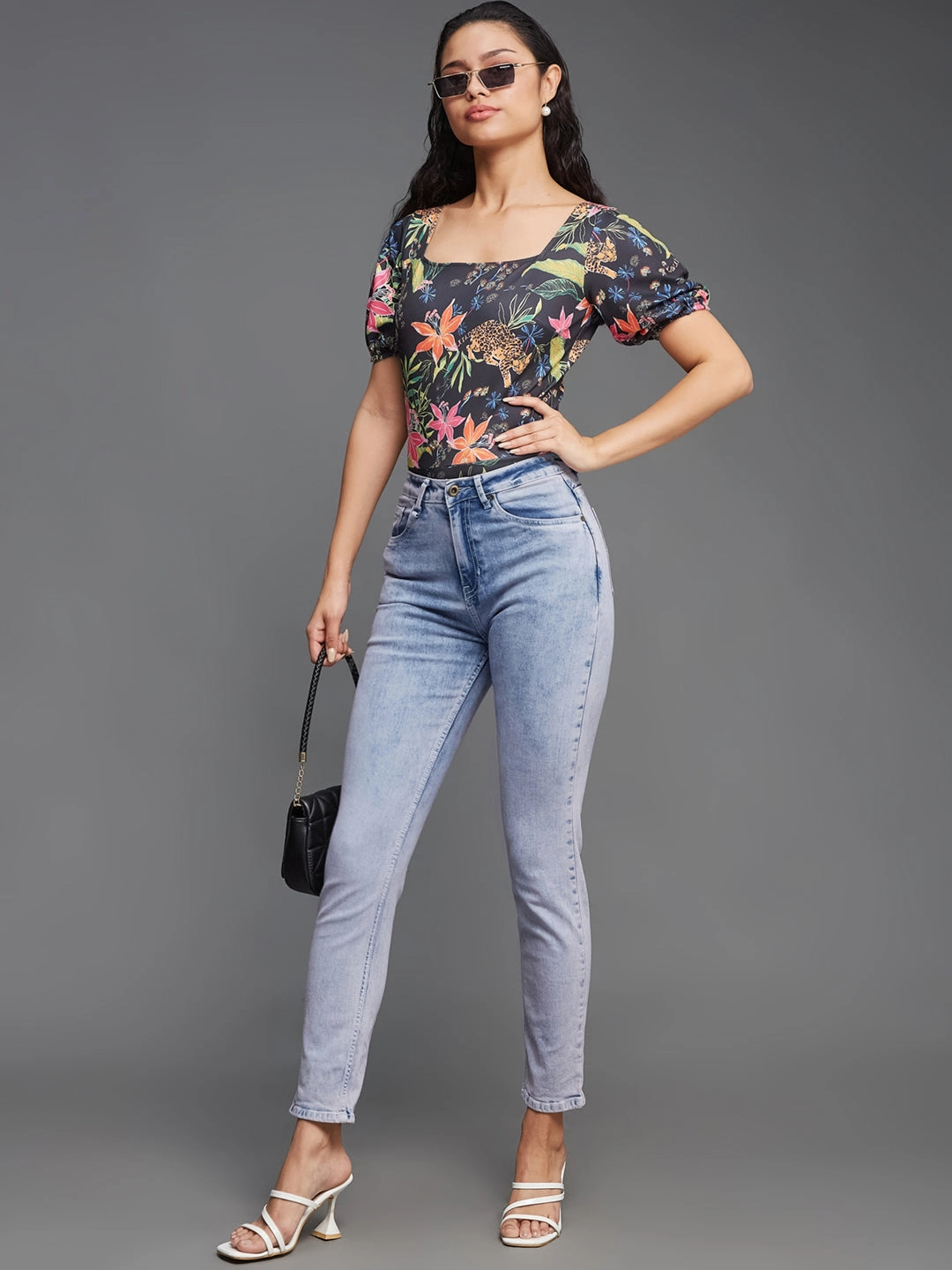 Soft Blended Fabric HeatPressedLogos Crease Ease Women's Multicolored-Base-Black Slim Fit Polyknit Bodysuit