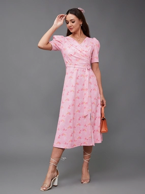 Crease Ease Women's Multicolored-Base-Pink V-neck Puff Sleeve Floral Wrap Midi Dress Movement Ready Airy Comfort