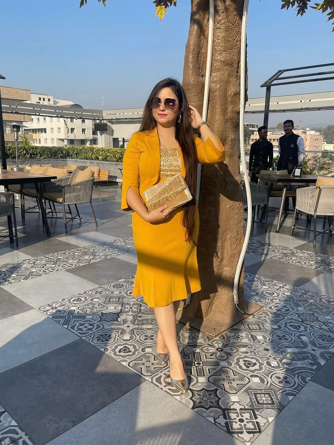 Crease Ease Women's Mustard & Golden Solid Sequin Paneled Blazer dress Midi Dress Romance Glow Social Ease