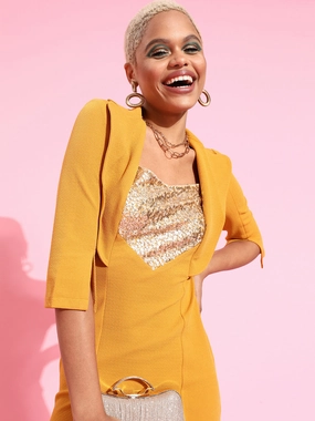 Clasp-Closure Crease Ease Women's Mustard & Golden Solid Sequin Paneled Blazer dress Midi Dress