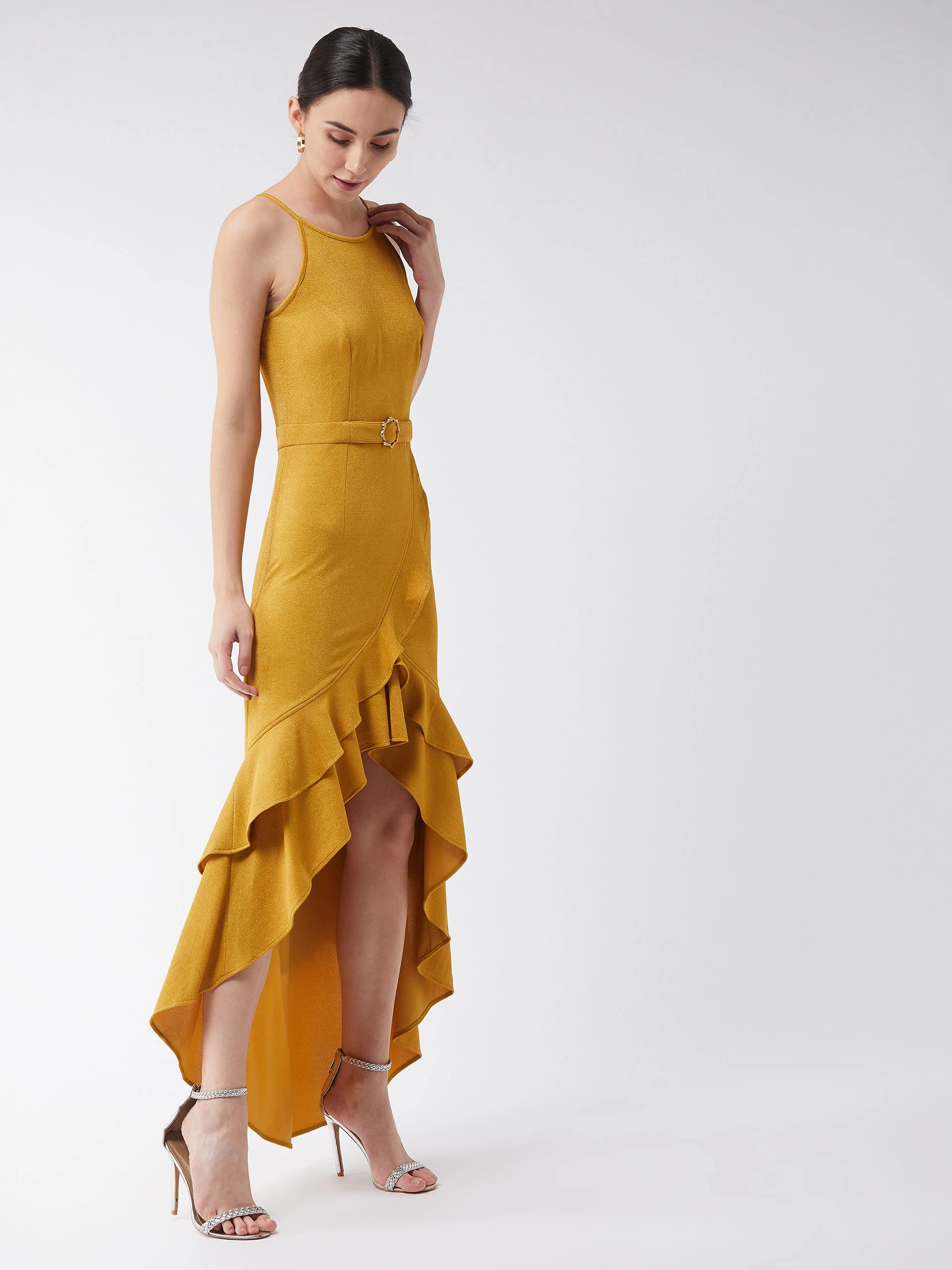 Asymmetrical hem Lounge Fit Crease Ease Women's Mustard Halter Neck Sleeveless Solid Ruffled Maxi Dress