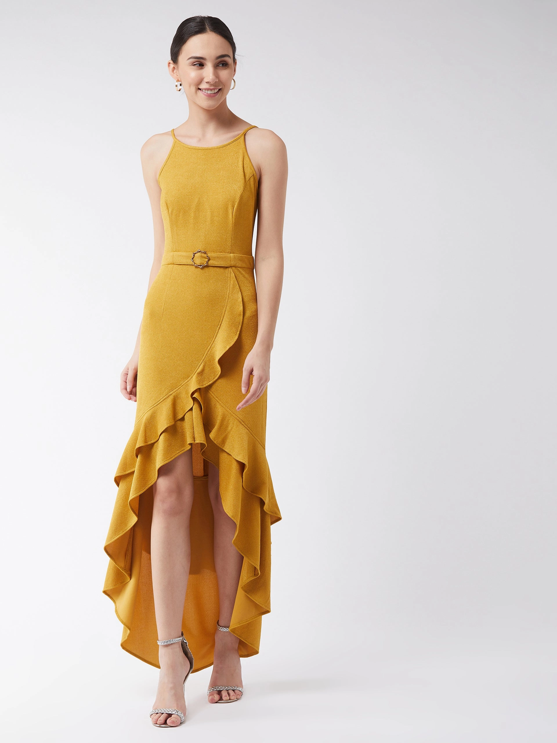 Crease Ease Women's Mustard Halter Neck Sleeveless Solid Ruffled Maxi Dress All-Occasion Look