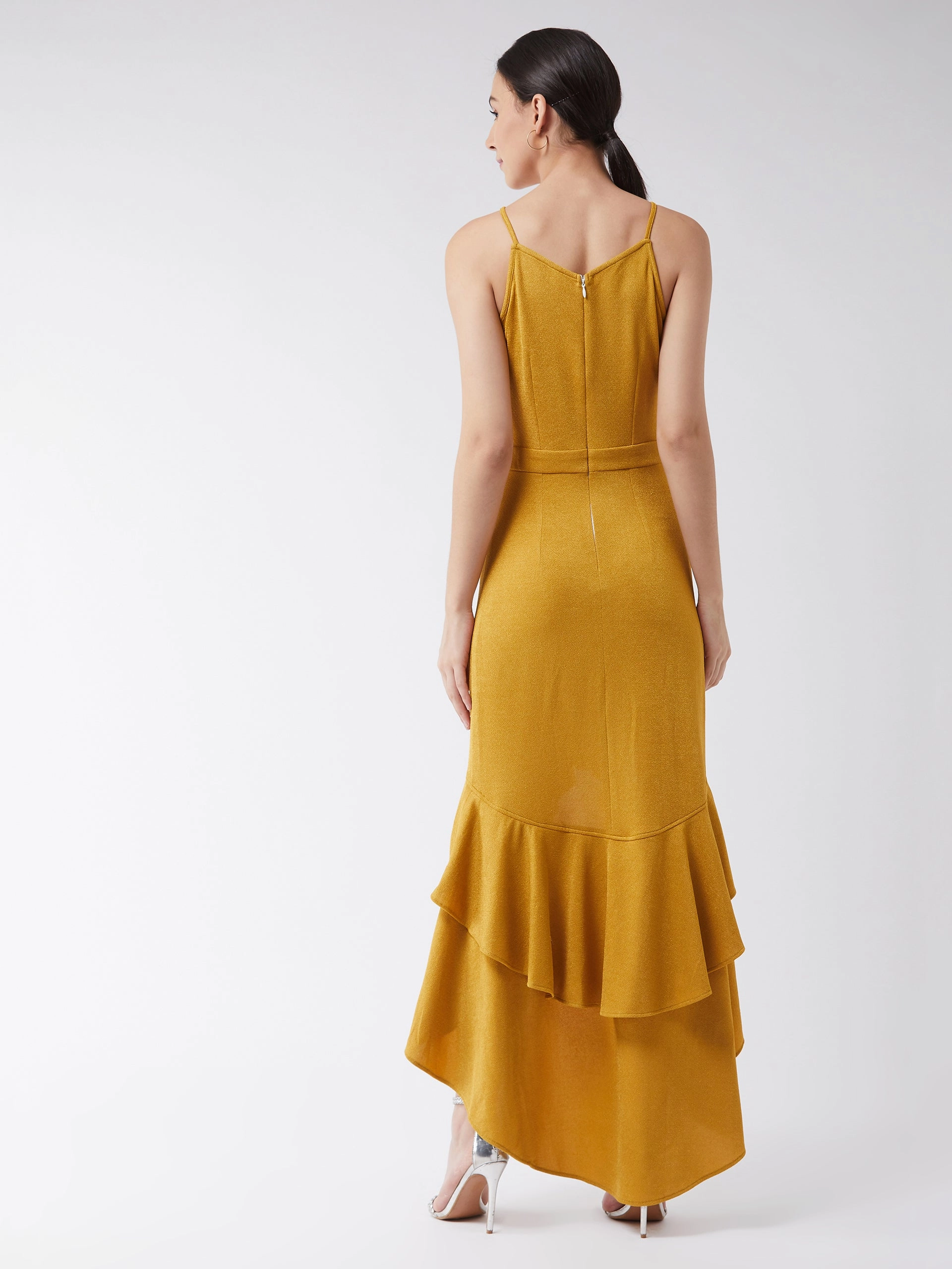 Mermaid-Hem knee-length Crease Ease Women's Mustard Halter Neck Sleeveless Solid Ruffled Maxi Dress