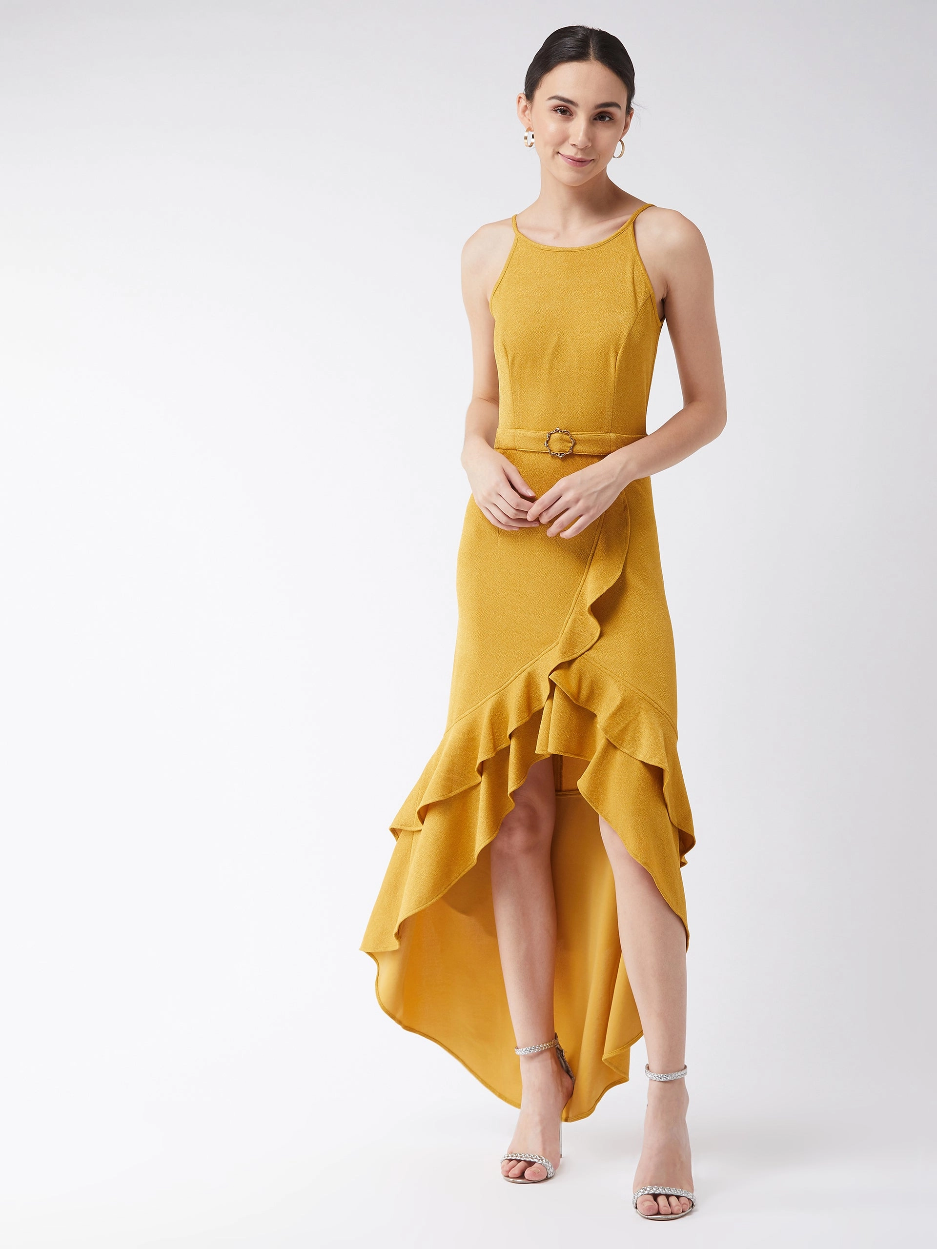 Work Pairing Bare Glow Crease Ease Women's Mustard Halter Neck Sleeveless Solid Ruffled Maxi Dress