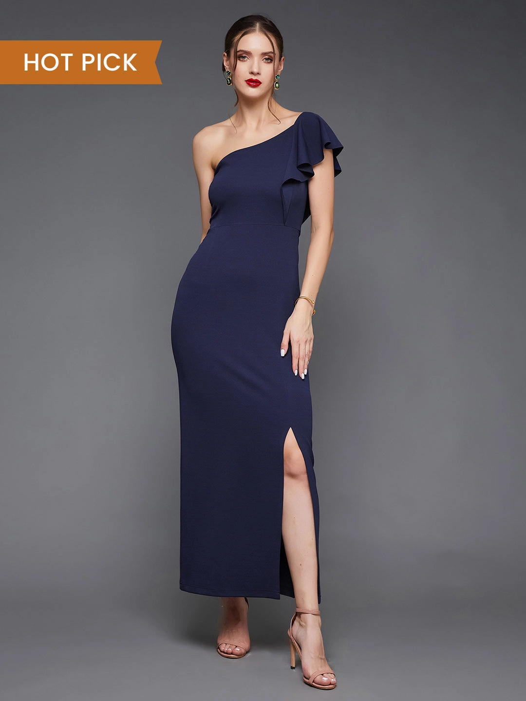 Crease Ease Women's Navy Blue Solid One Shoulder Sleeveless Ruffled Maxi Dress Chill Lines Smooth Fit