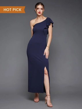 Crease Ease Women's Navy Blue Solid One Shoulder Sleeveless Ruffled Maxi Dress Chill Lines Smooth Fit