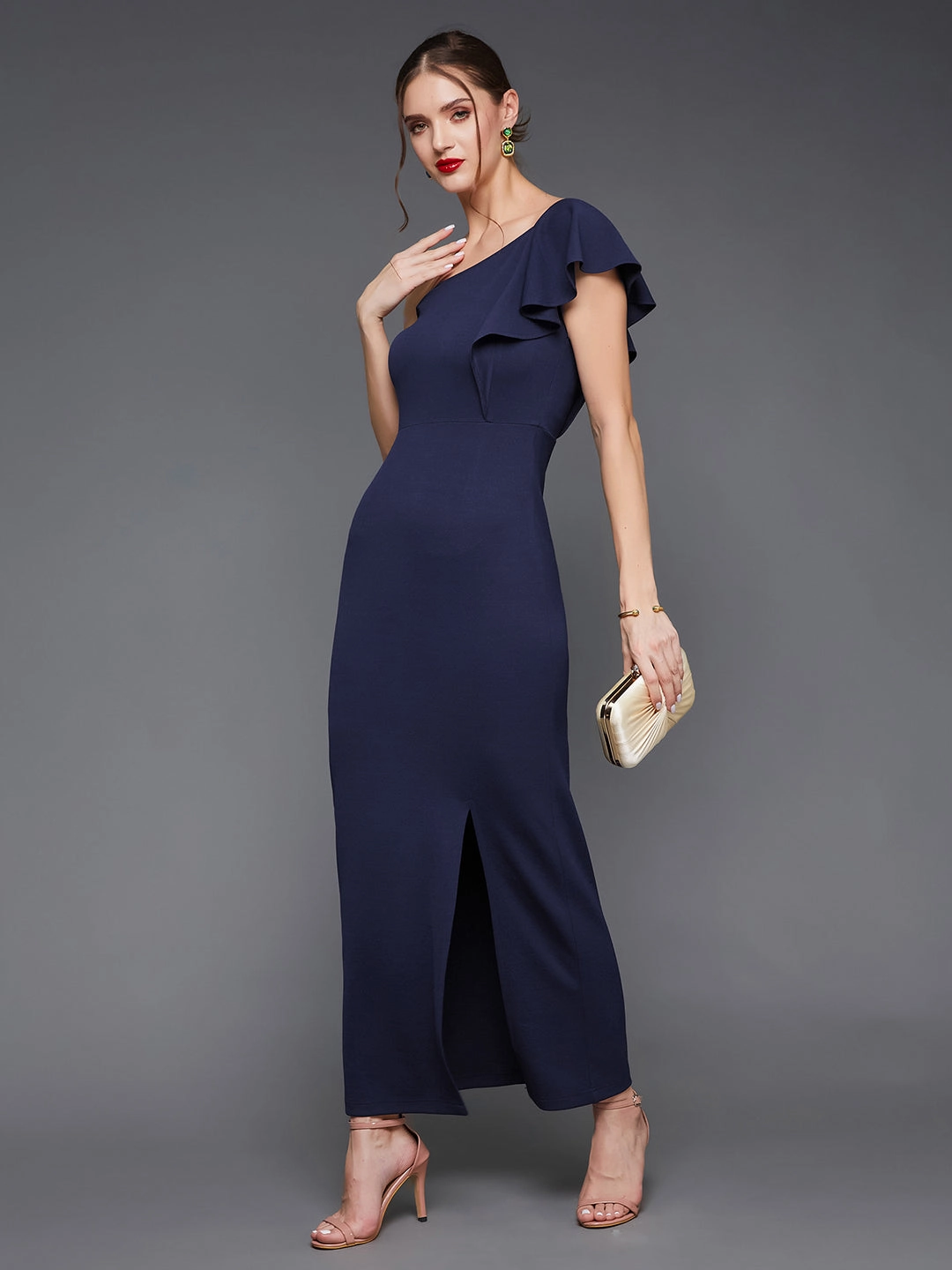 Crease Ease Women's Navy Blue Solid One Shoulder Sleeveless Ruffled Maxi Dress Walkable Flow