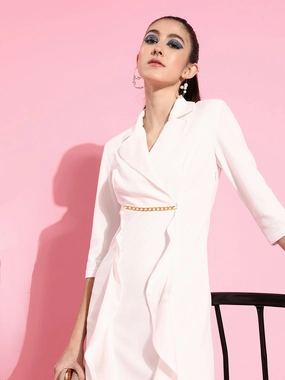 Crease Ease Women's Off White Solid Double Breasted Knee Length Dress Chill Comfort Vibrant Look