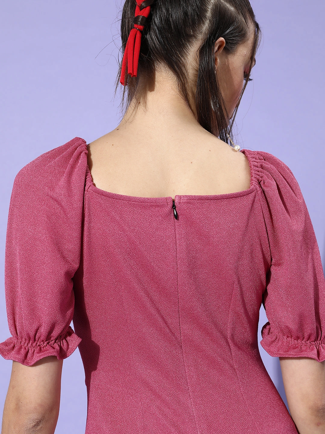 Dainty Finish Smart Fashion Crease Ease Women's Pink Square Puff Sleeve Solid Ruching Midi Dress