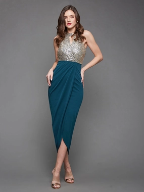 Peach Tone Airy Fit Crease Ease Women's Teal Halter Neck Sleeveless Sequined Party Midi Dress