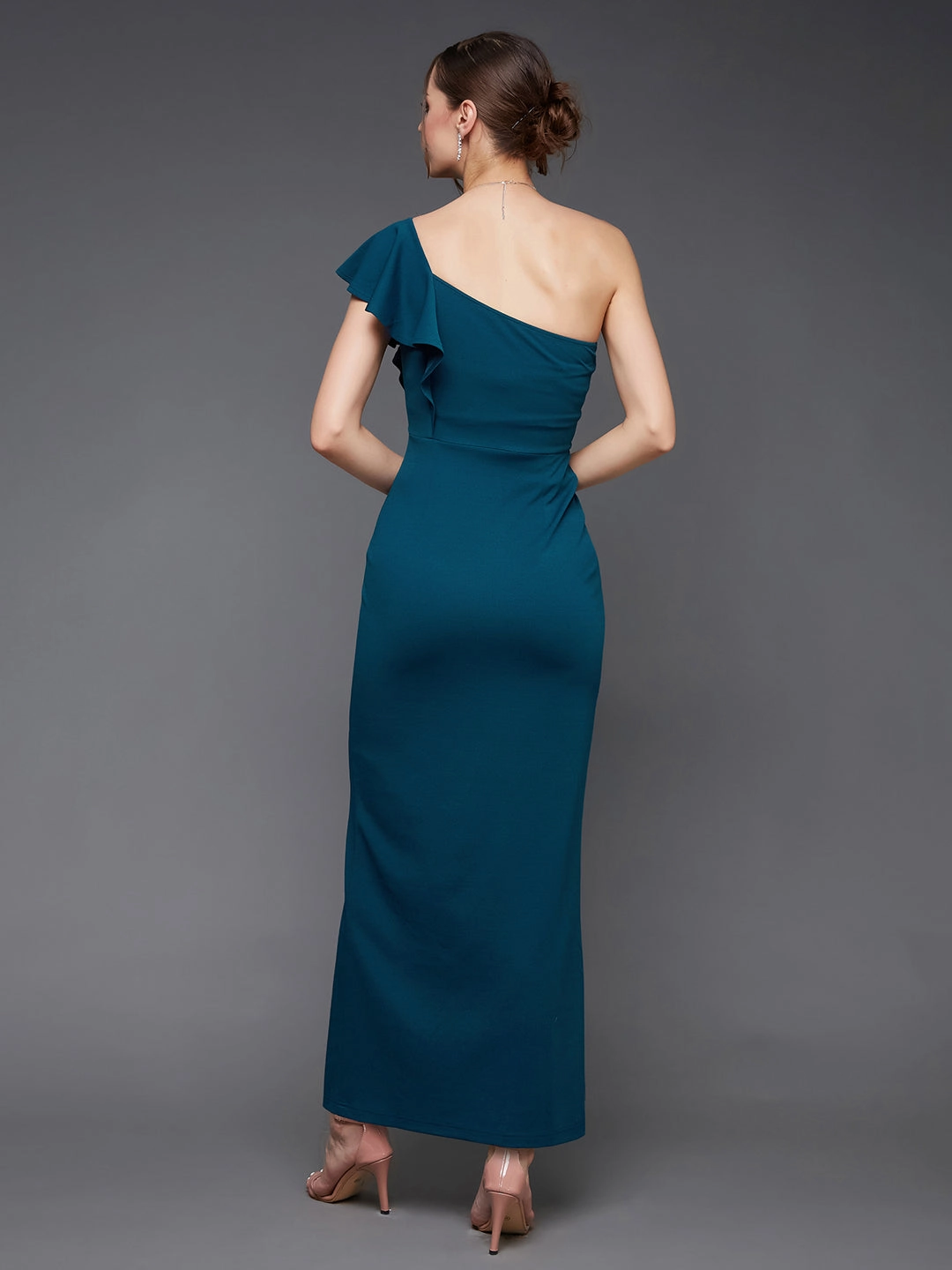 Drape Wave Style Moment Crease Ease Women's Teal Solid One Shoulder Sleeveless Ruffled Maxi Dress