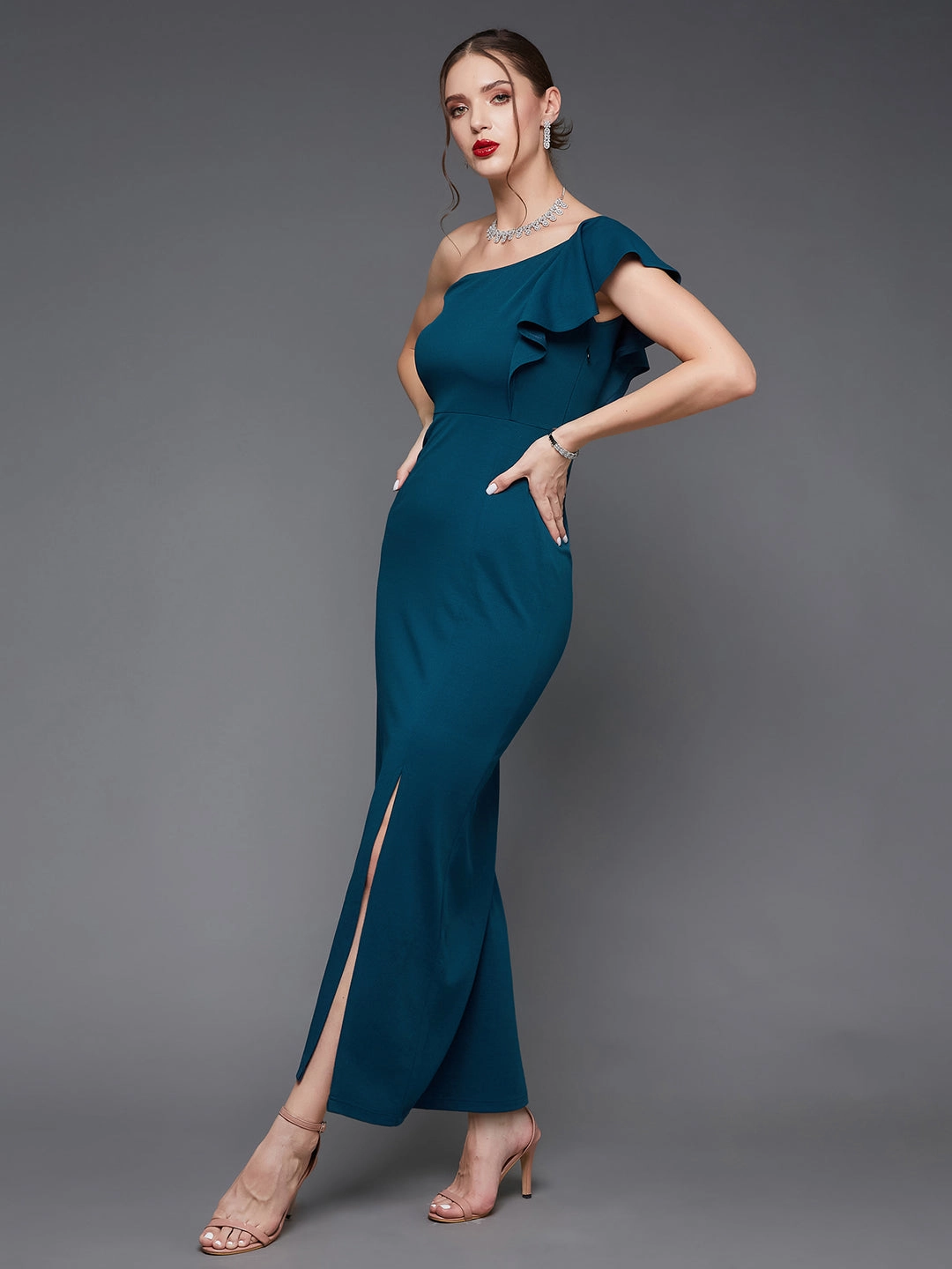 Heritage-Brand Crease Ease Women's Teal Solid One Shoulder Sleeveless Ruffled Maxi Dress