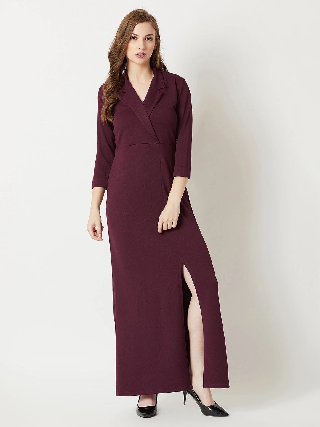 All-Season Comfort budget-friendly Crease Ease Women's Wine Red Collared V-Neck 3/4 Sleeve Solid Front Slit A-line Blazer Maxi Dress