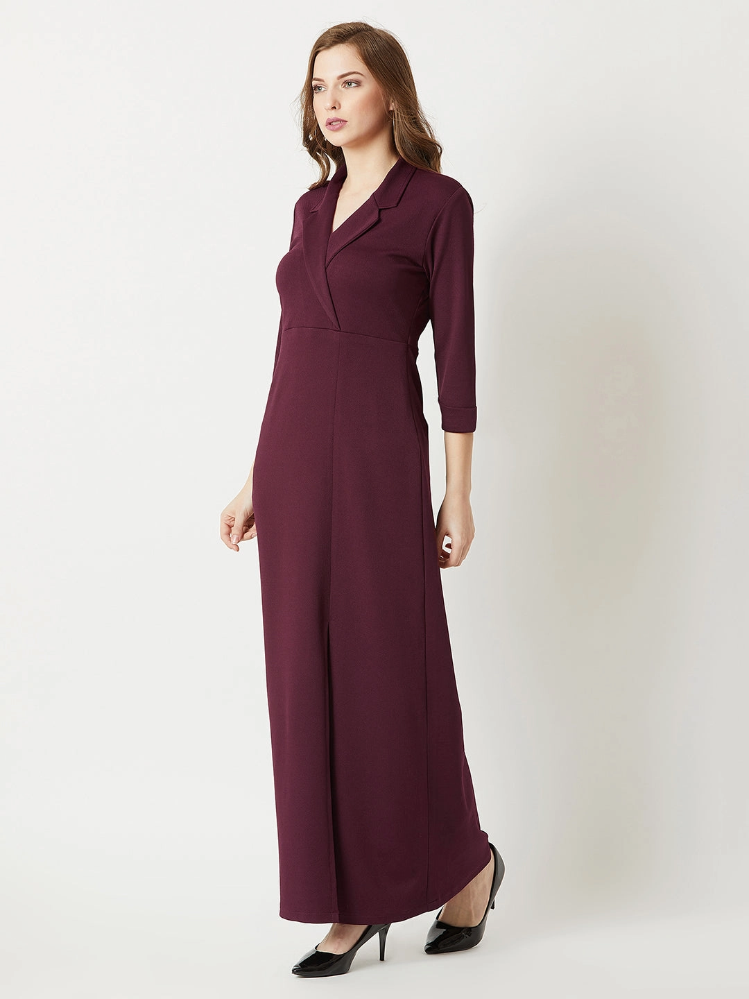 Crease Ease Women's Wine Red Collared V-Neck 3/4 Sleeve Solid Front Slit A-line Blazer Maxi Dress Bold Elegance confident look