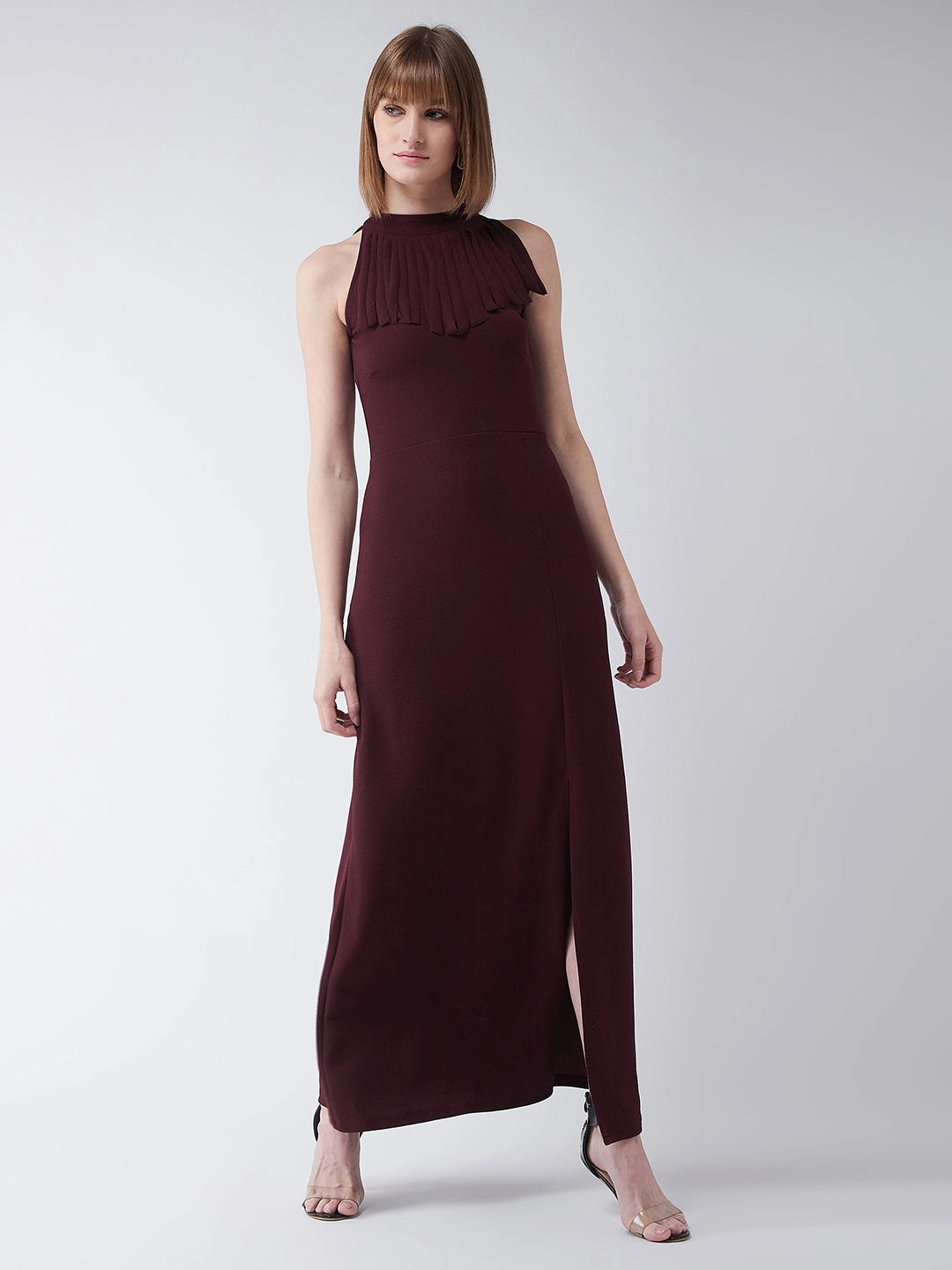 Body Ease Crease Ease Women's Wine Red Fringed Halter Neck Sleeveless Solid Maxi Front Slit Dress