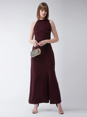 Polished office dress Crease Ease Women's Wine Red Fringed Halter Neck Sleeveless Solid Maxi Front Slit Dress