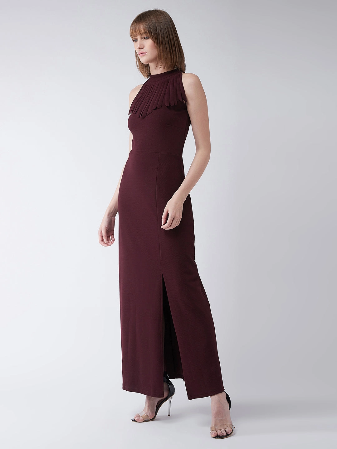 Crease Ease Women's Wine Red Fringed Halter Neck Sleeveless Solid Maxi Front Slit Dress Dreamy Presence Year Round