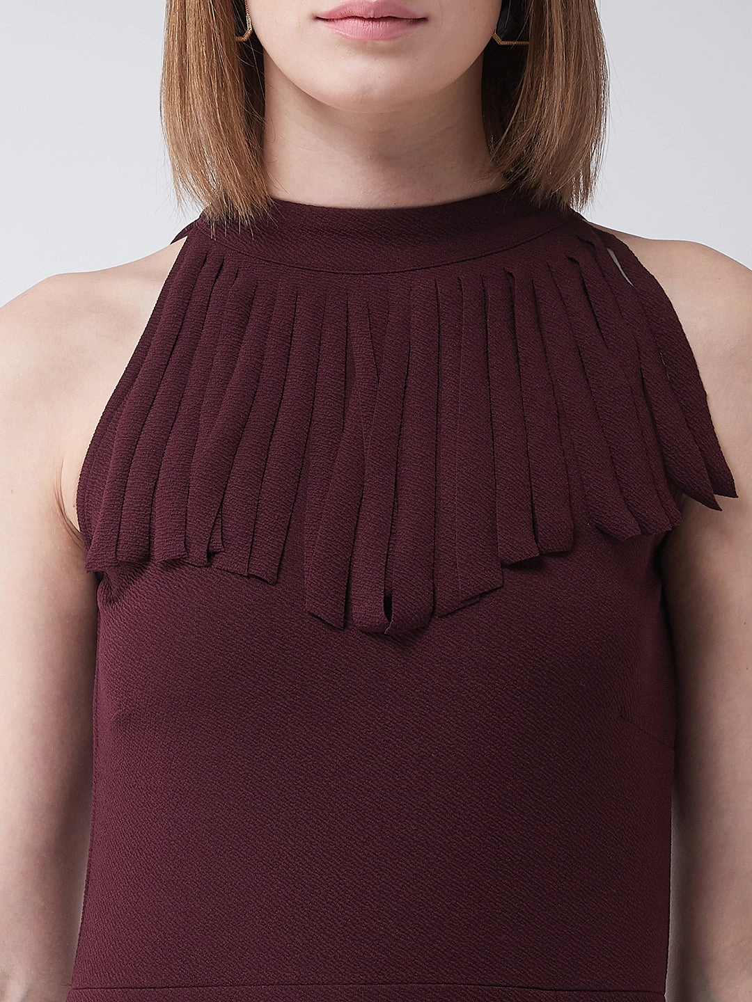 Crease Ease Women's Wine Red Fringed Halter Neck Sleeveless Solid Maxi Front Slit Dress monochrome