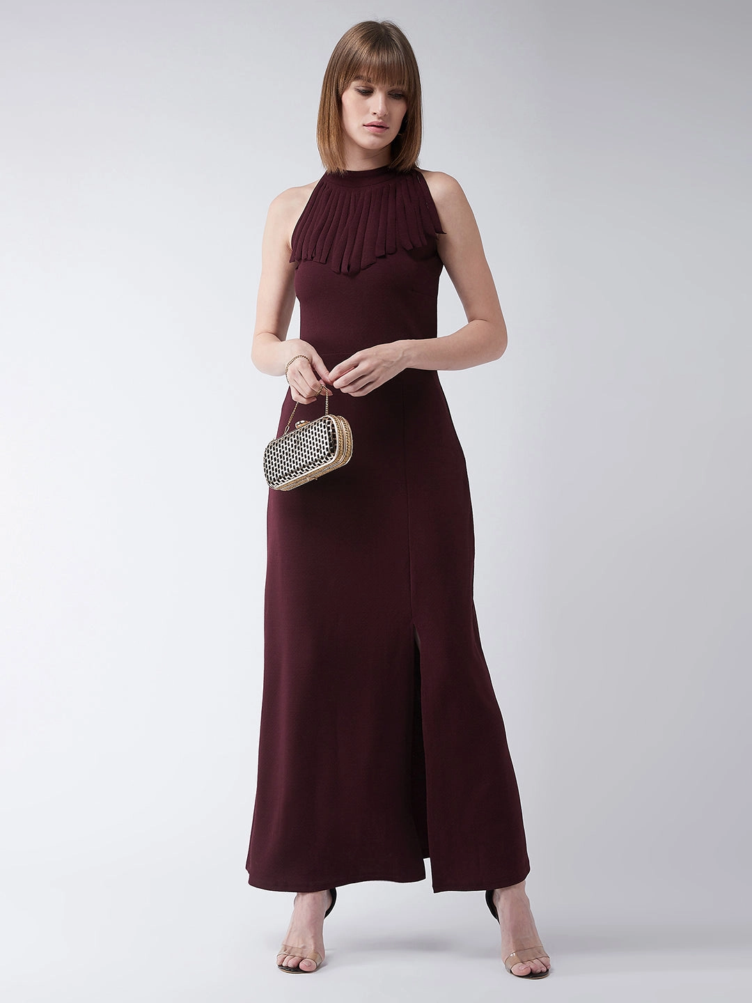 Polished office dress Crease Ease Women's Wine Red Fringed Halter Neck Sleeveless Solid Maxi Front Slit Dress
