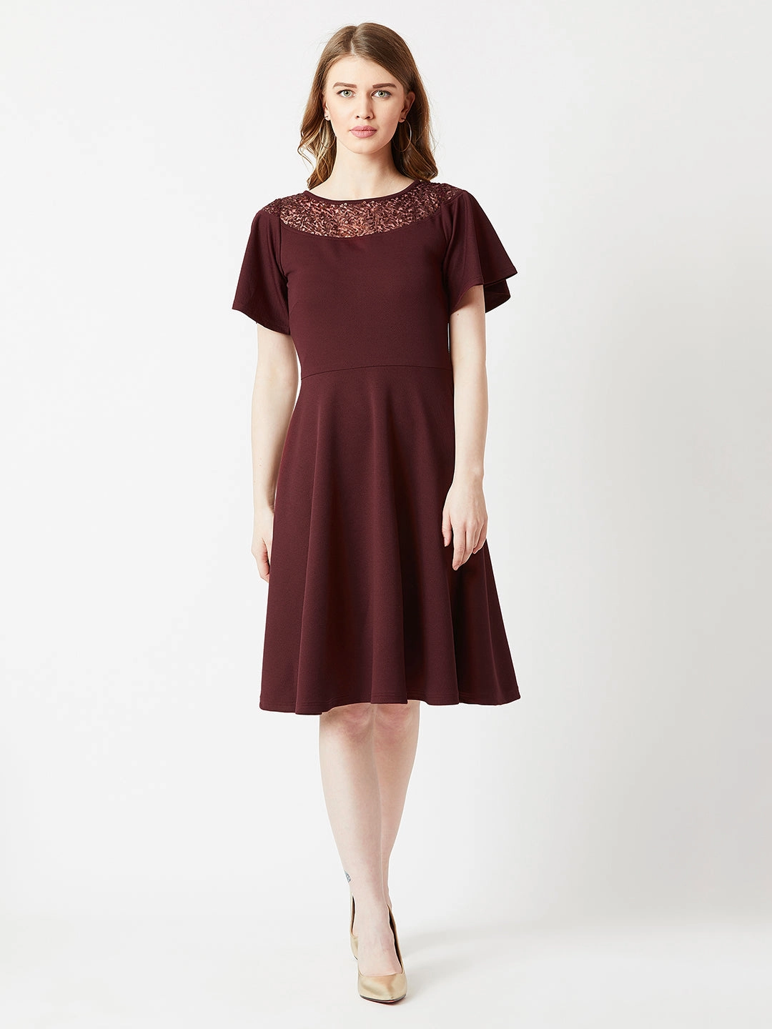 Work Chic Dropped-Waist Crease Ease Women's Wine Red Round Neck Flared Short Sleeve Solid Skater Knee-Long Lace Dress