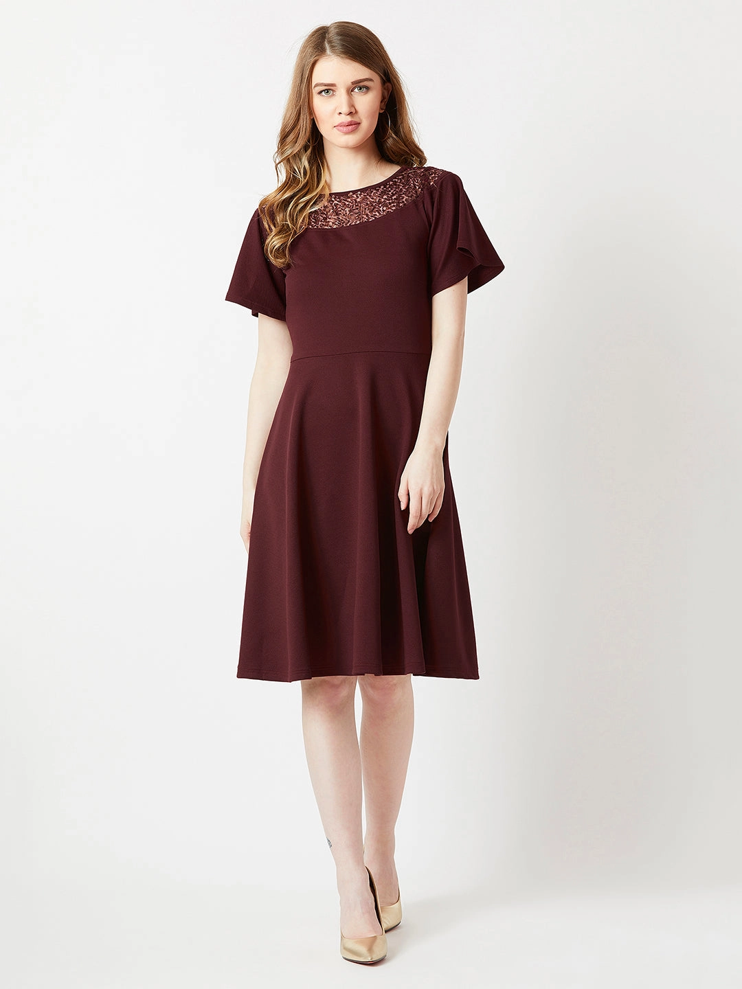 Crease Ease Women's Wine Red Round Neck Flared Short Sleeve Solid Skater Knee-Long Lace Dress Layered Comfort