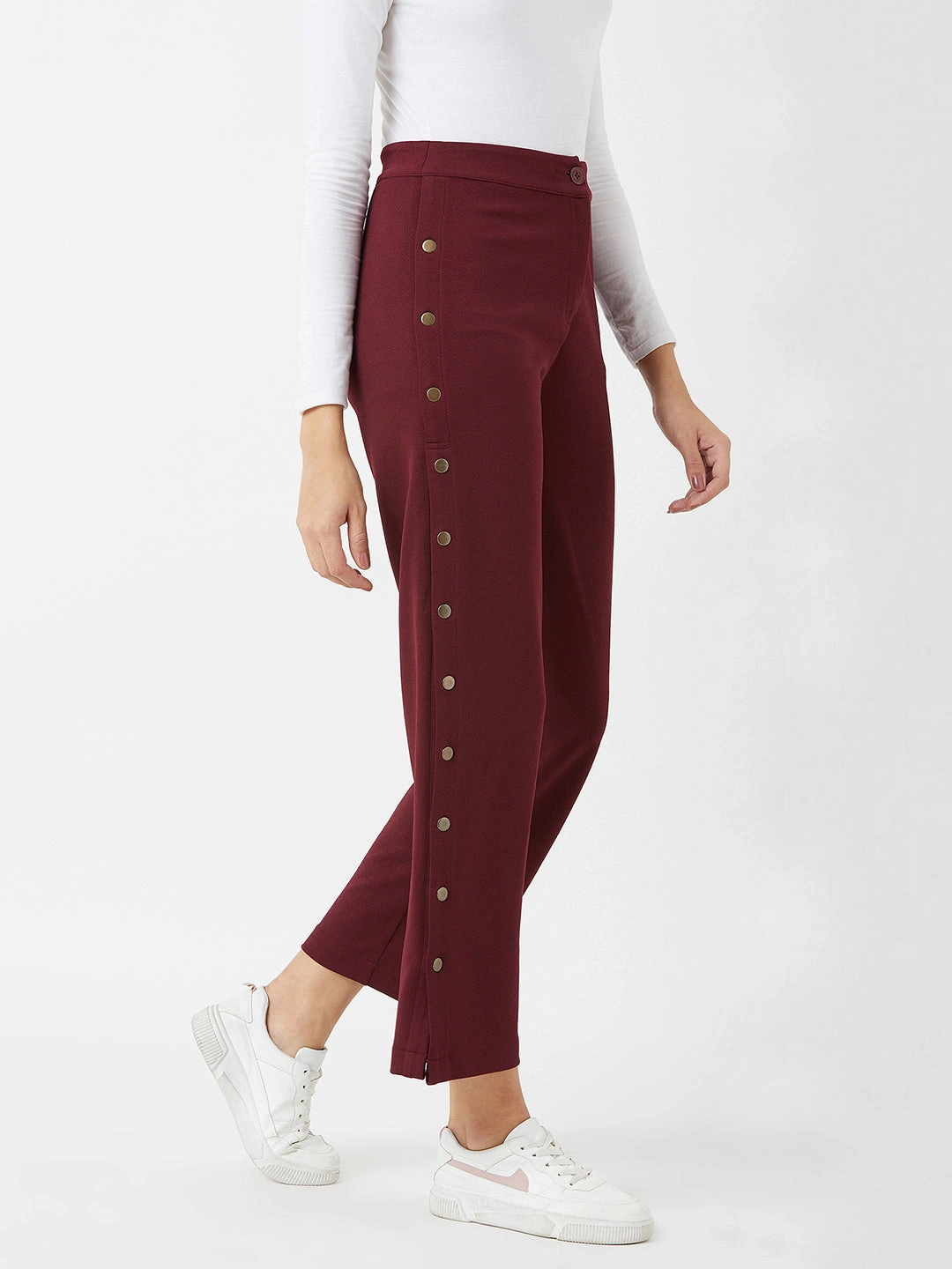 Crease Ease Women's Wine Red Solid Regular Fit Flared Parallel Trousers No Ride