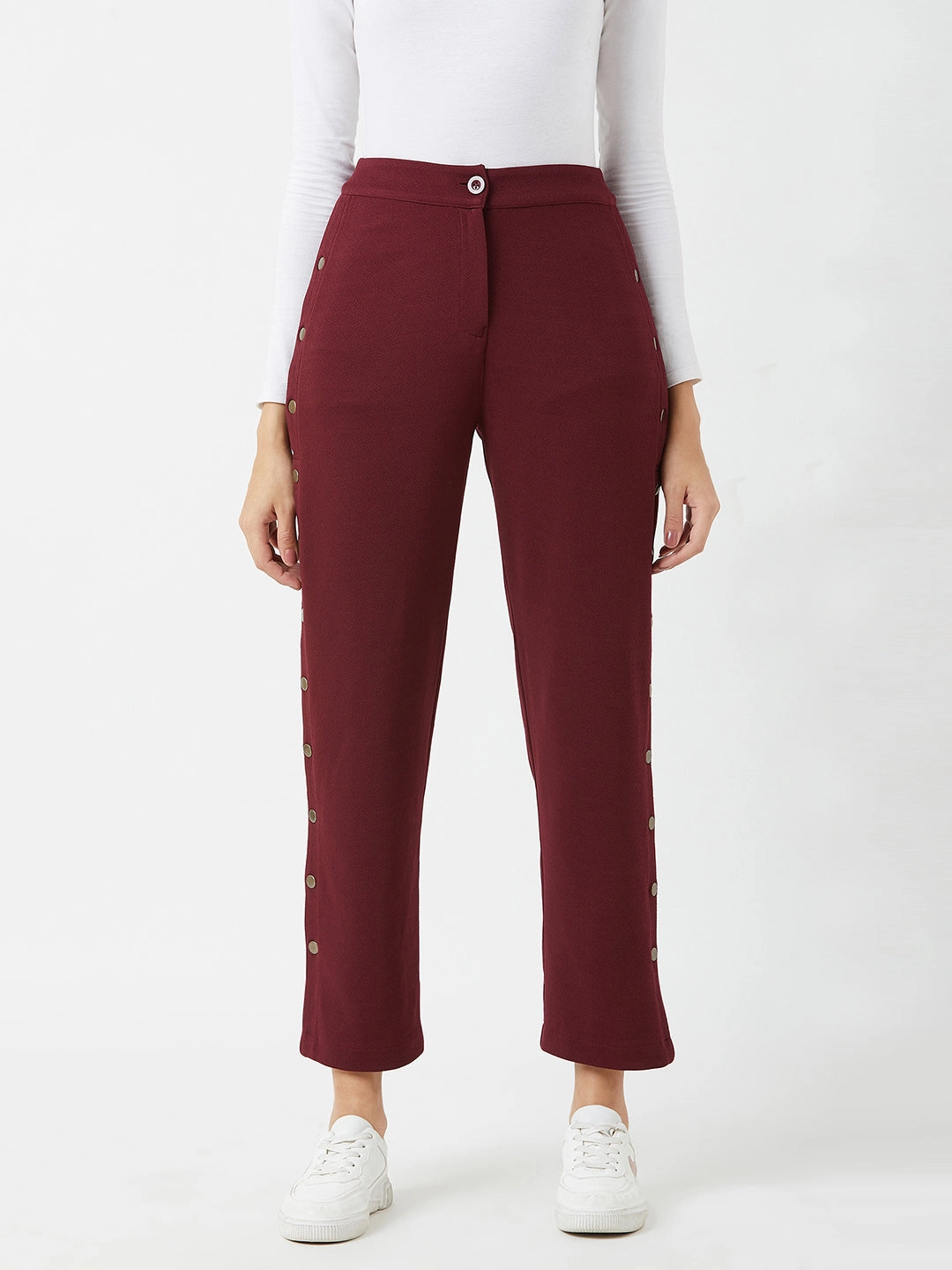 Breathable Lining Crease Ease Women's Wine Red Solid Regular Fit Flared Parallel Trousers