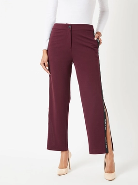 Side zipper Breathable layers Crease Ease Women's Wine Red Solid Wide-Leg Regular Length Side Slitted Trousers