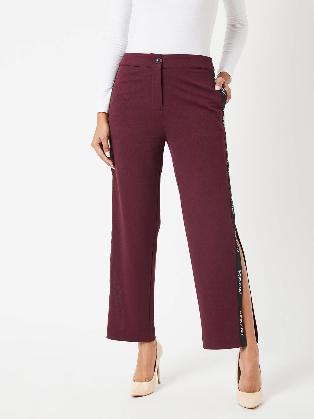 Side zipper Breathable layers Crease Ease Women's Wine Red Solid Wide-Leg Regular Length Side Slitted Trousers