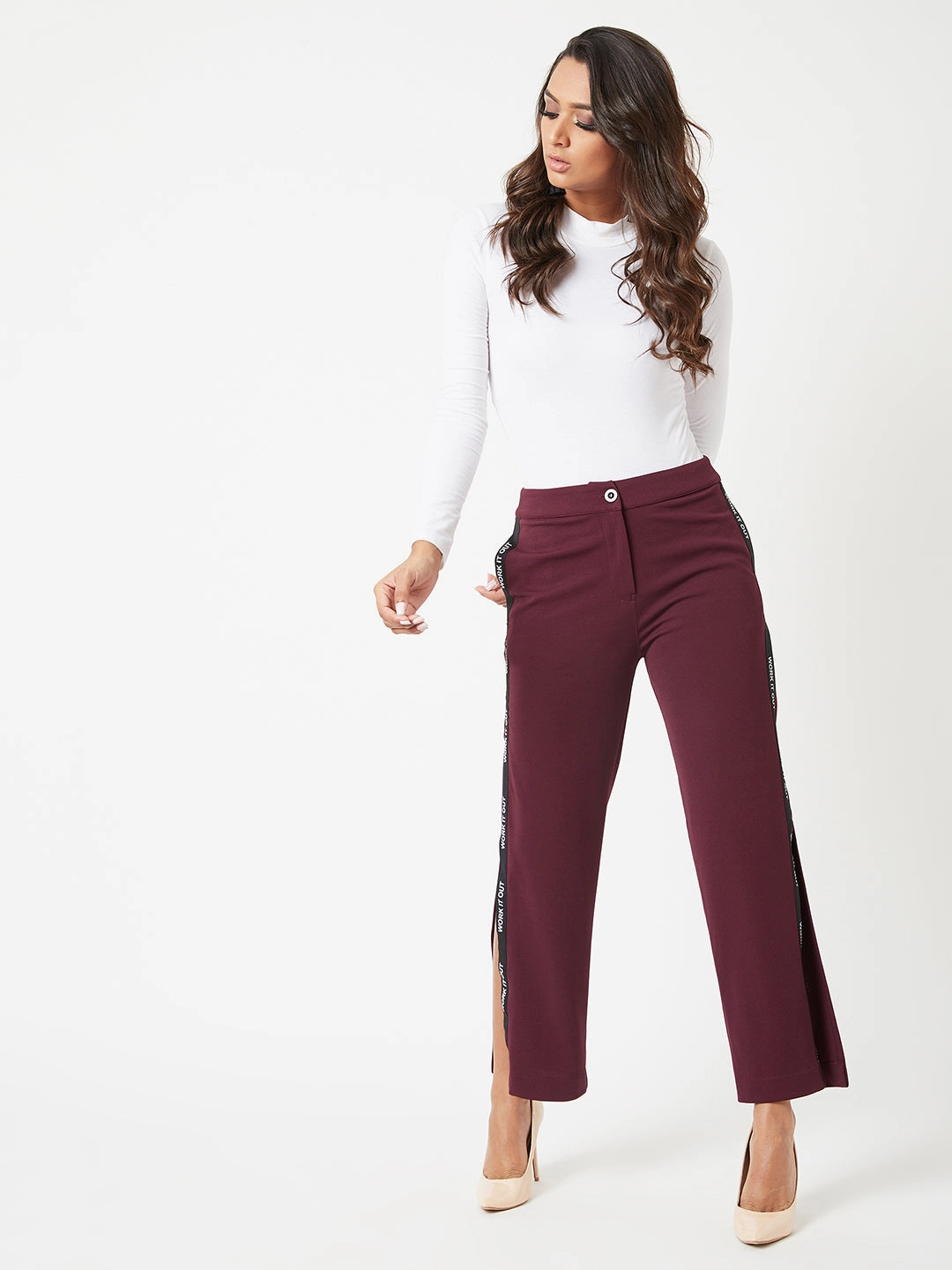 Crease Ease Women's Wine Red Solid Wide-Leg Regular Length Side Slitted Trousers Detachable belt Chilly Wear
