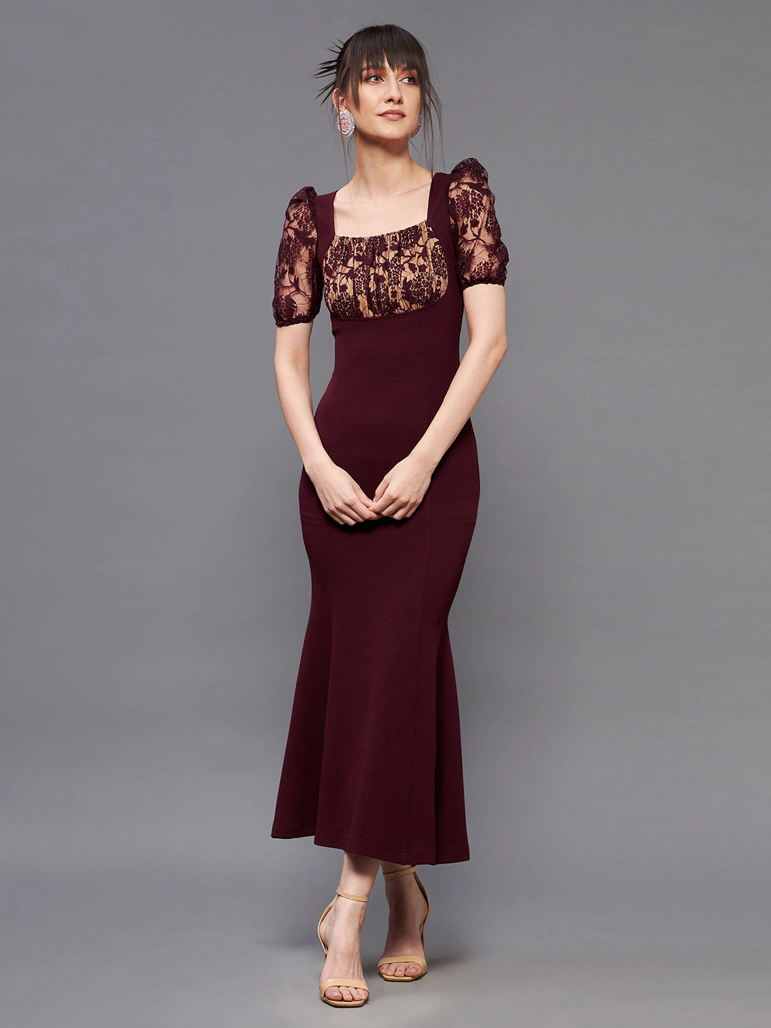 Crease Ease Women's Wine Square Neck Short Puff Sleeve Lace Bodycon Midi Dress Contemporary Fit