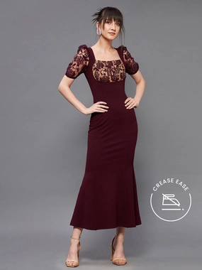 Crease Ease Women's Wine Square Neck Short Puff Sleeve Lace Bodycon Midi Dress Soft Texture